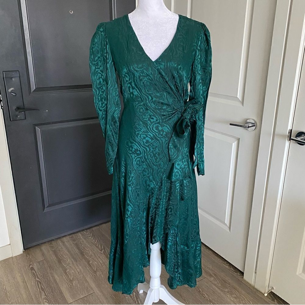 INTERMIX Birdie Silk Wrap Midi Dress in Emerald Green Size S